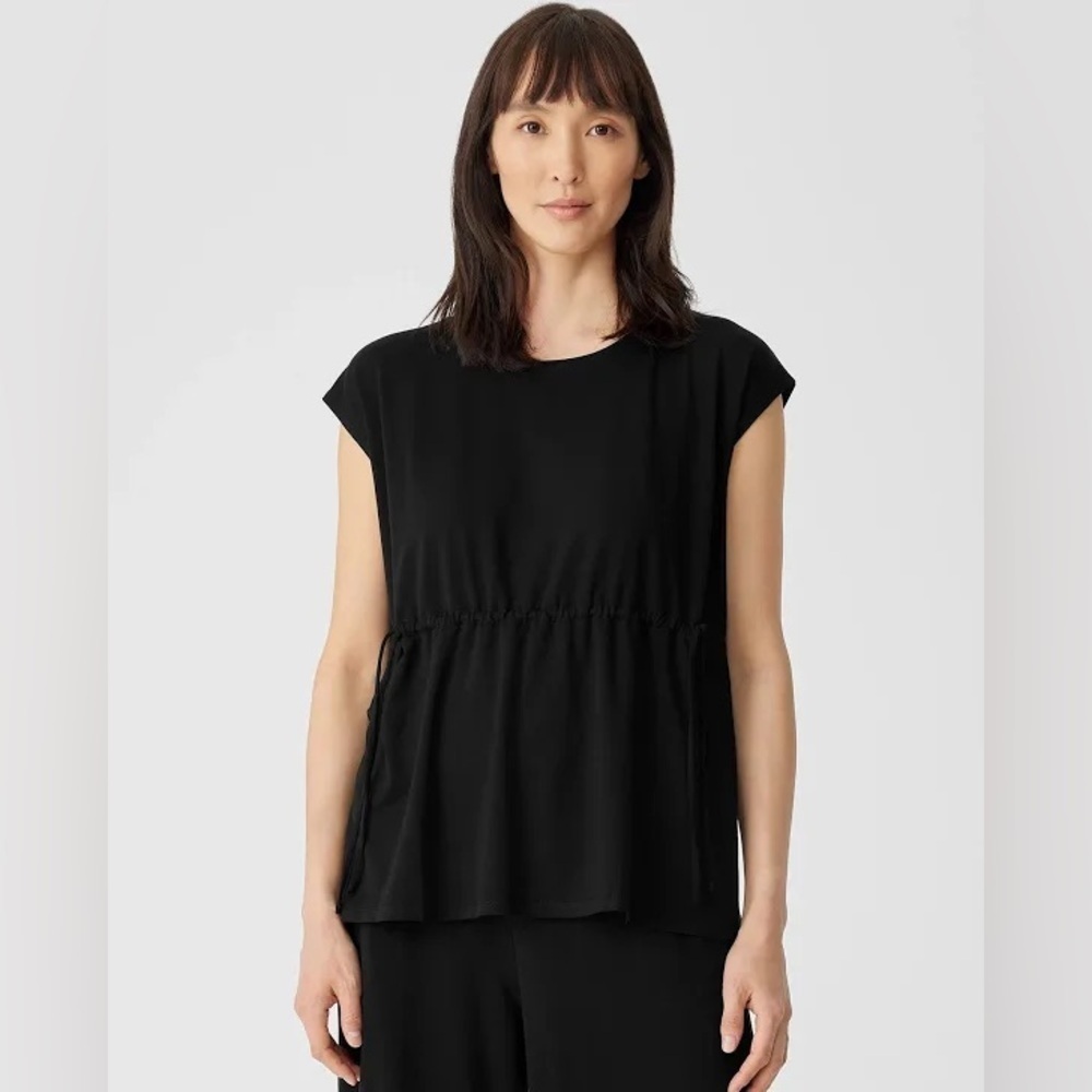 NEW Eileen Fisher Fine Jersey Jewel Neck Top in Black - Size XXS